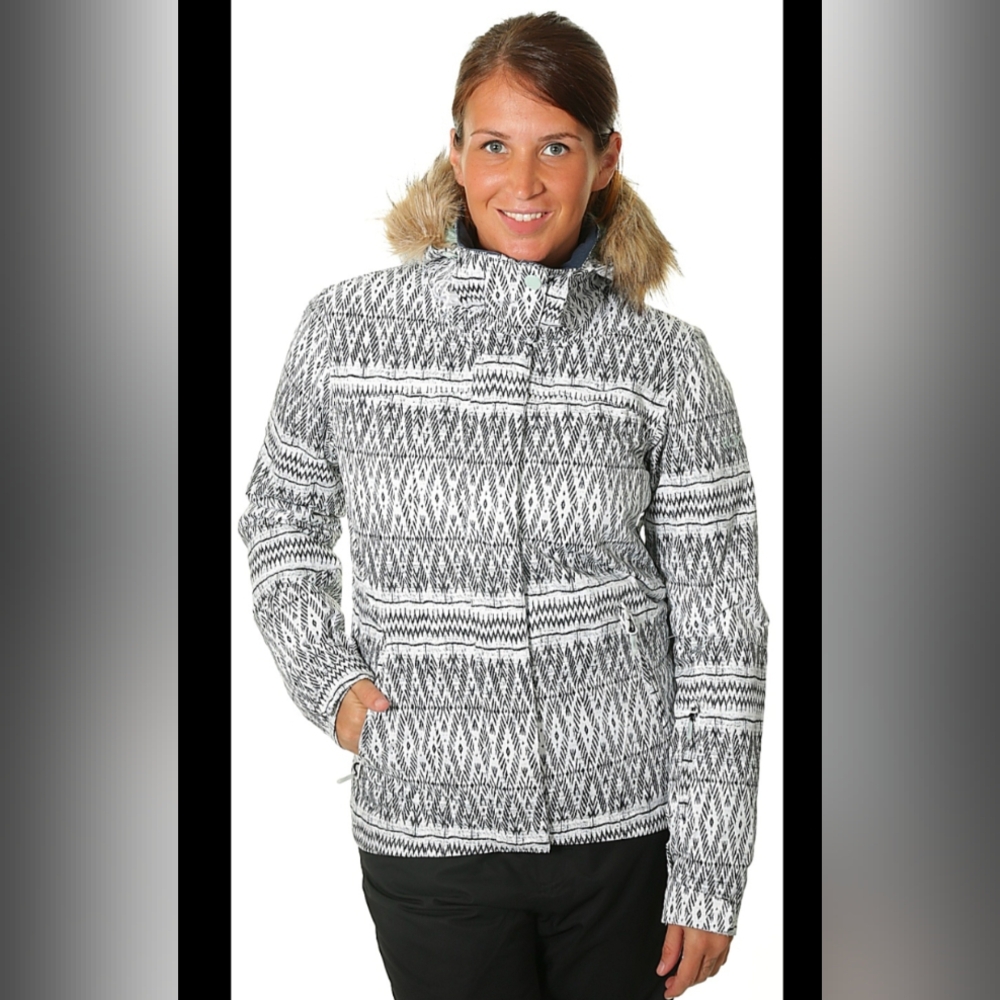 Roxy White Abstract Pattern Winter Jacket With Faux Fur Trim